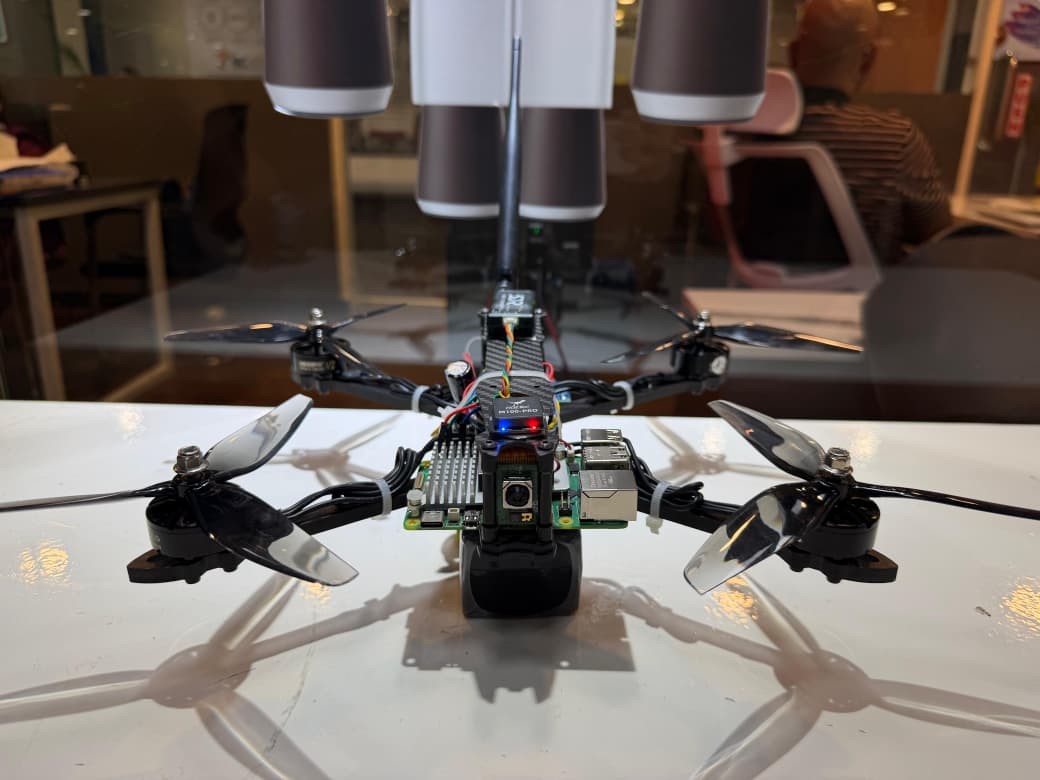 SafeSky Nexus autonomous aerial platform, front view showing its onboard camera, compute module, and motor assembly